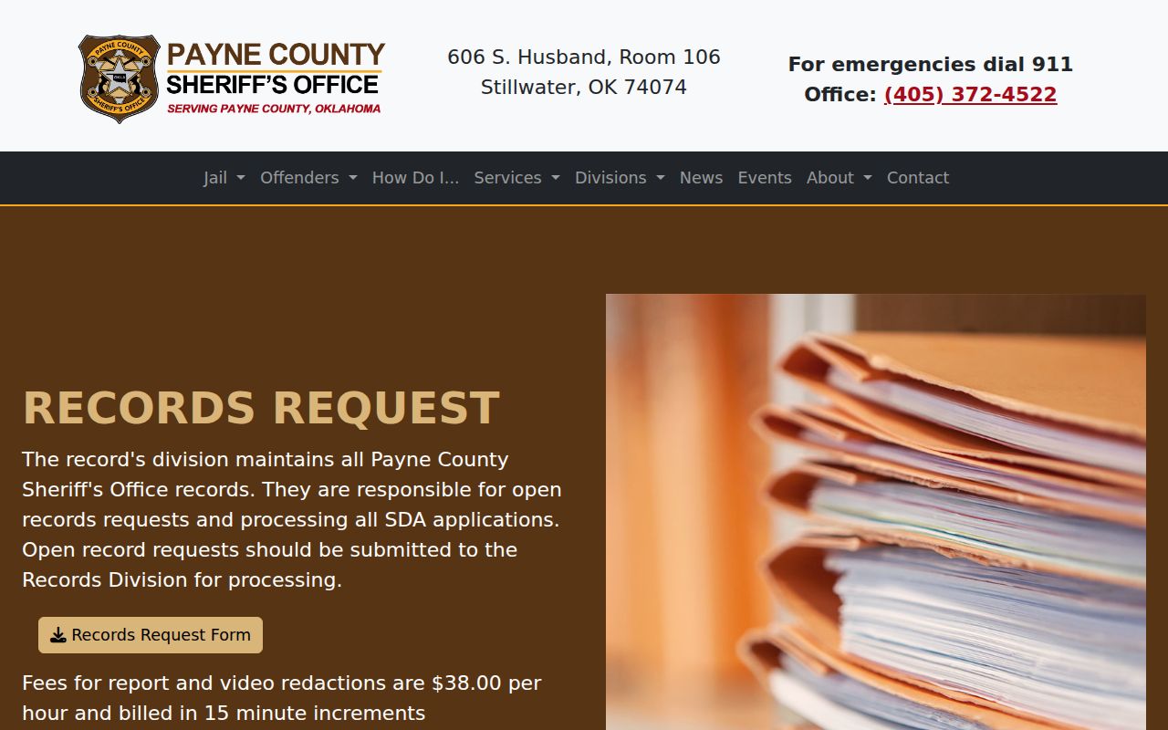 Payne County 24 hour release records request page