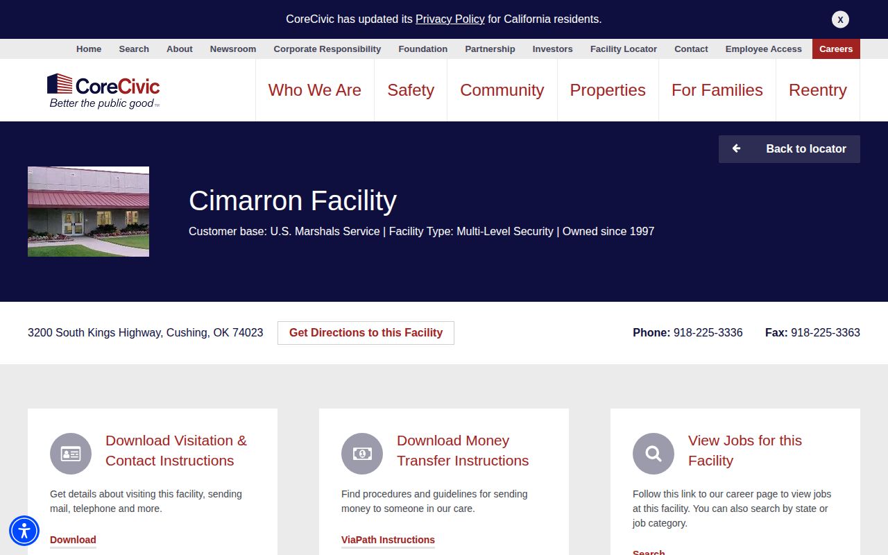 Cimarron Correctional Facility federal detention role and release search source